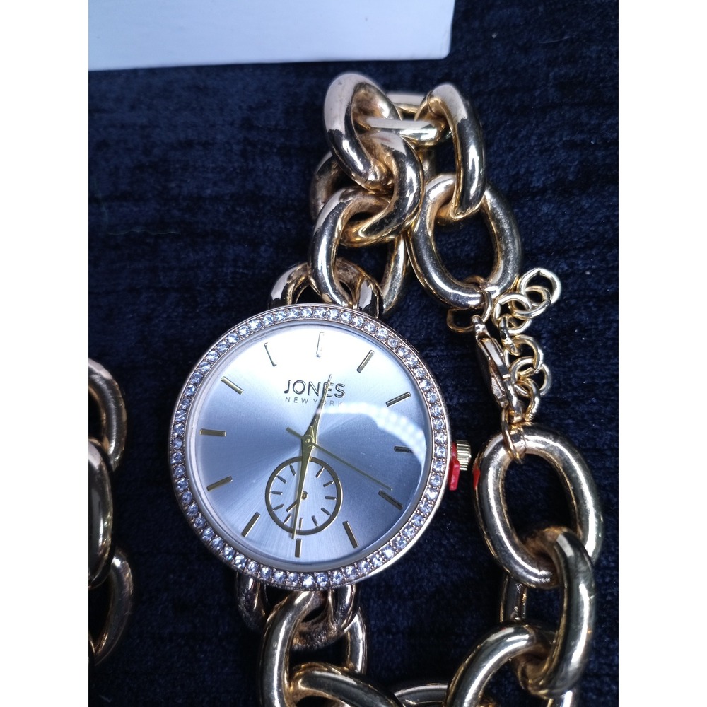 Jones New York Gold Tone Chunky Chain Watch and Bracelet Set Crystal Bezel Boxed
